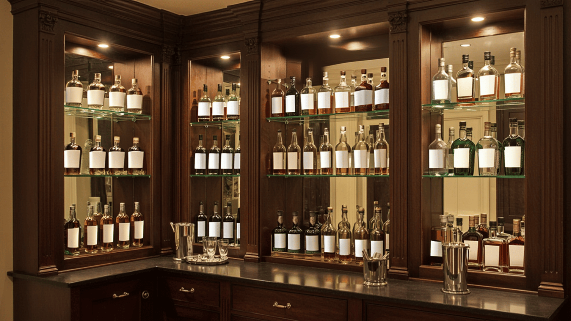 classic wooden back bar mirrored shelving