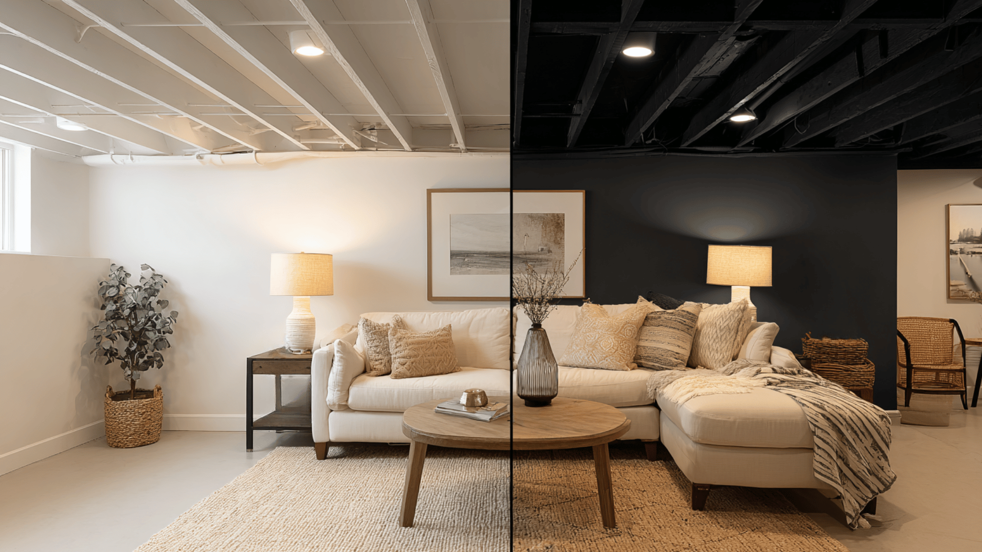 comparing black and white painted basement ceilings