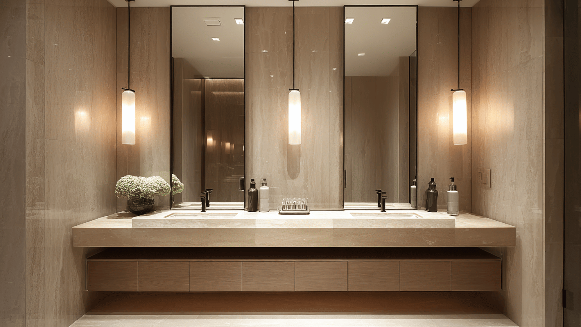 double vanity with floating drawers and wall lighting