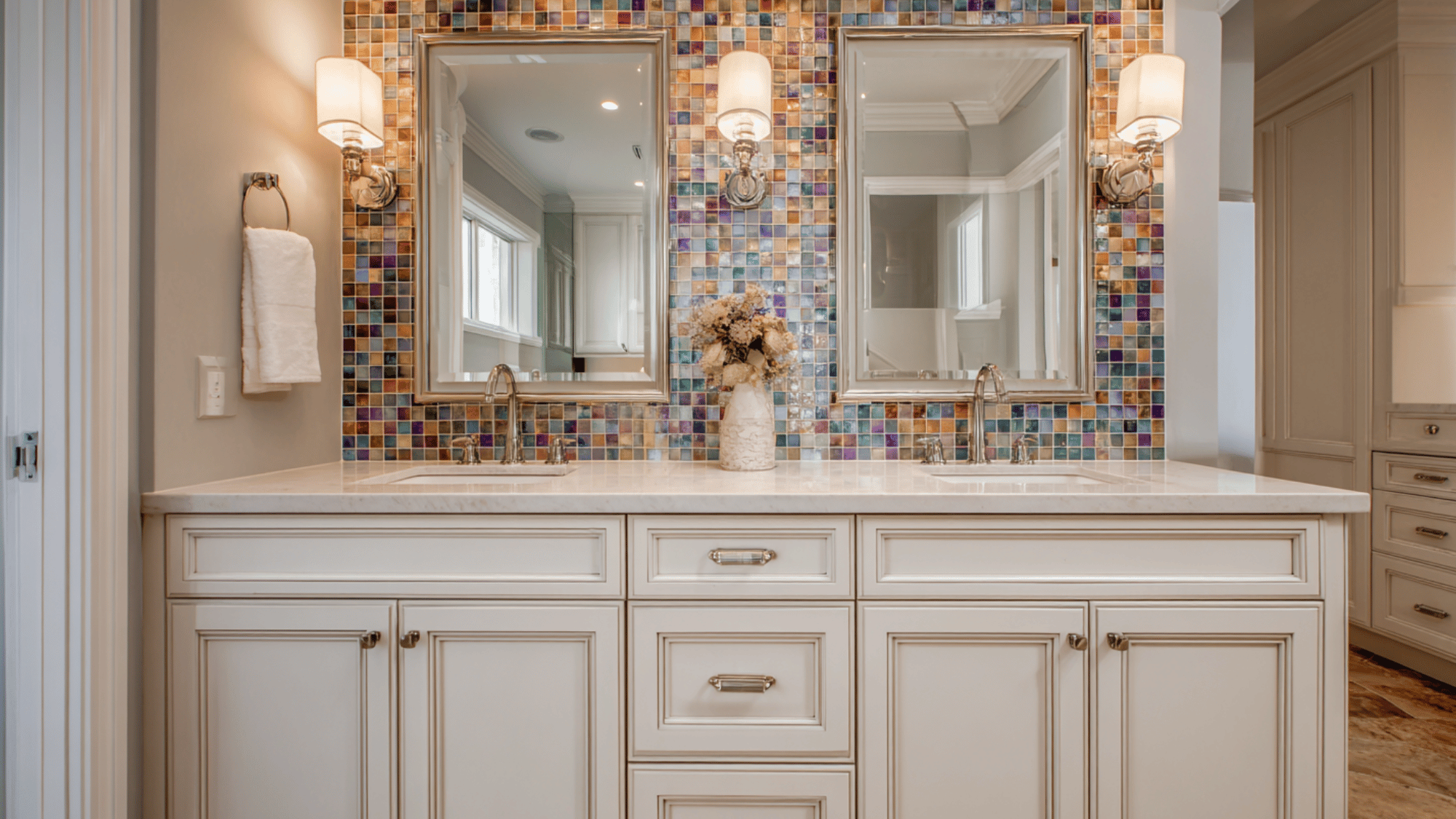 double vanity with mosaic tile backsplash