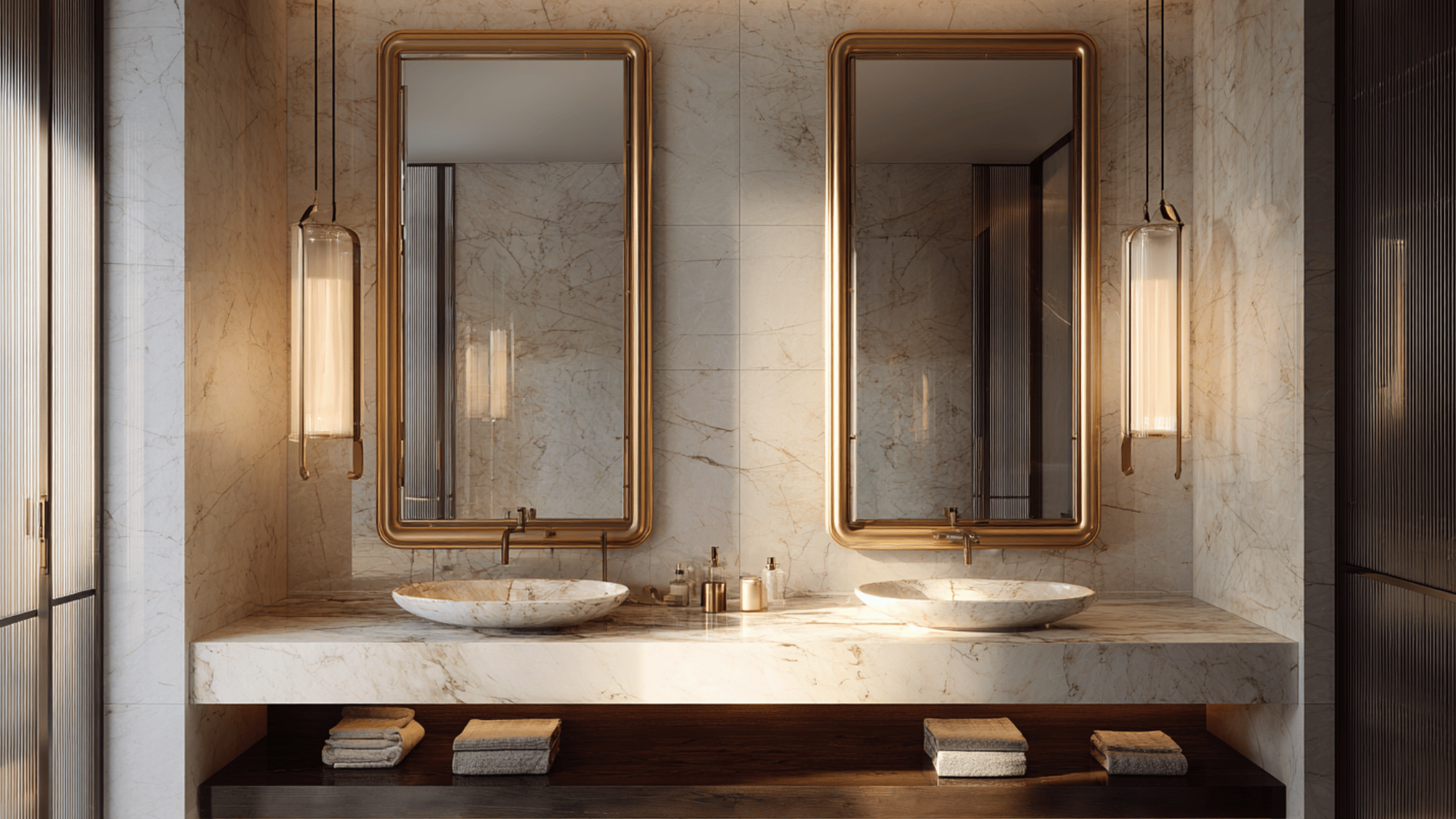 double vanity with vertical mirrors and pendant lights