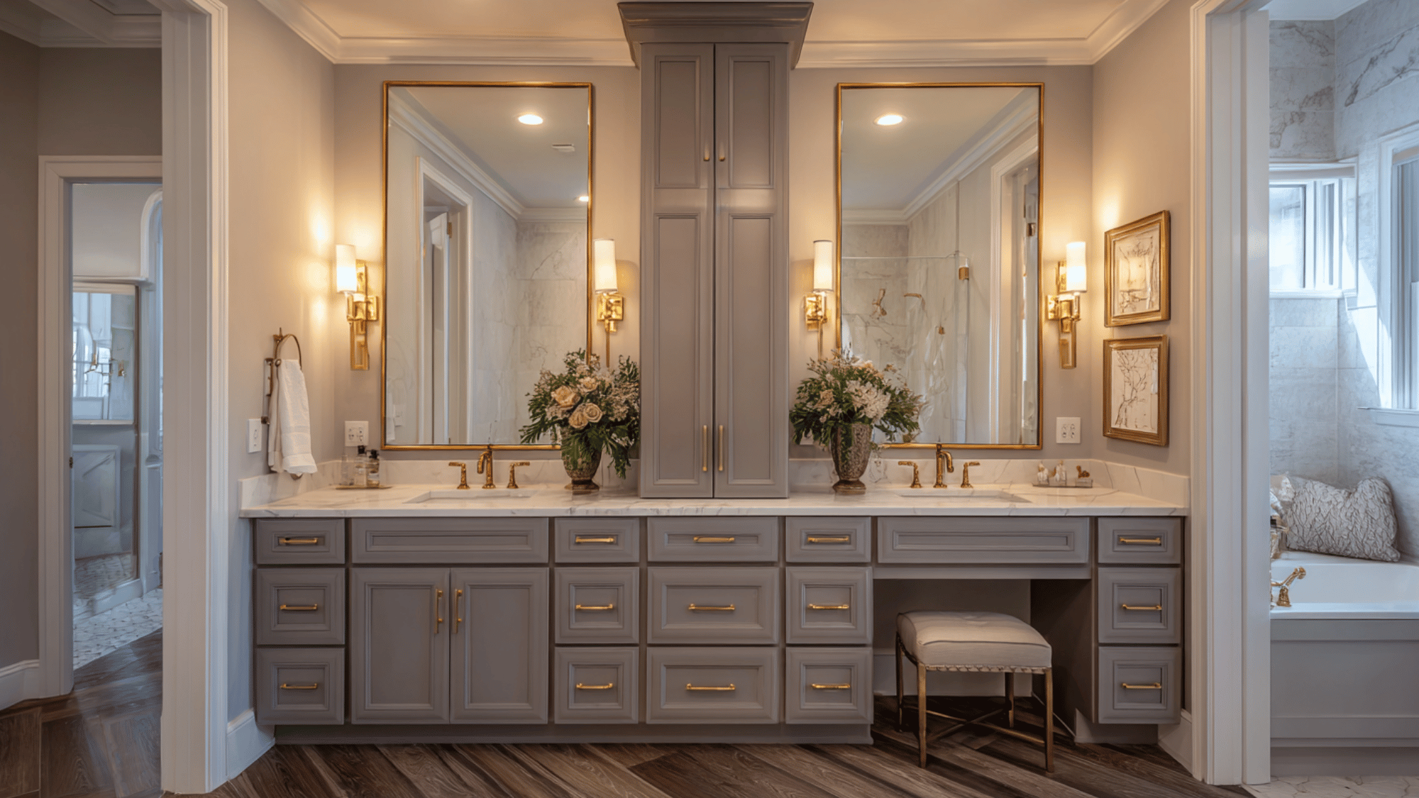 dual floating vanities with shared center cabinet