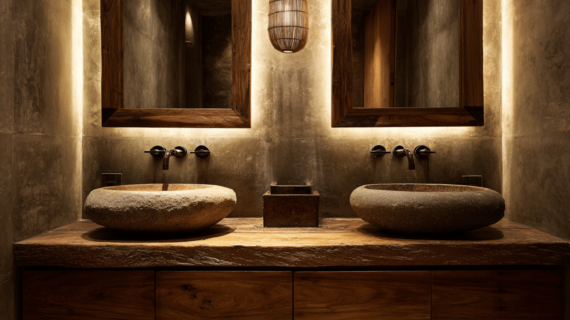 dual sink vanity with stone vessel bowls