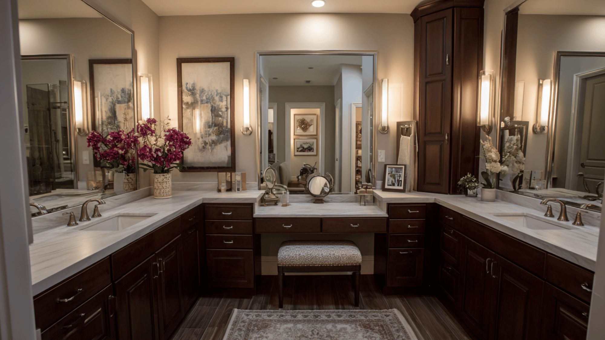 dual vanity with built in makeup station