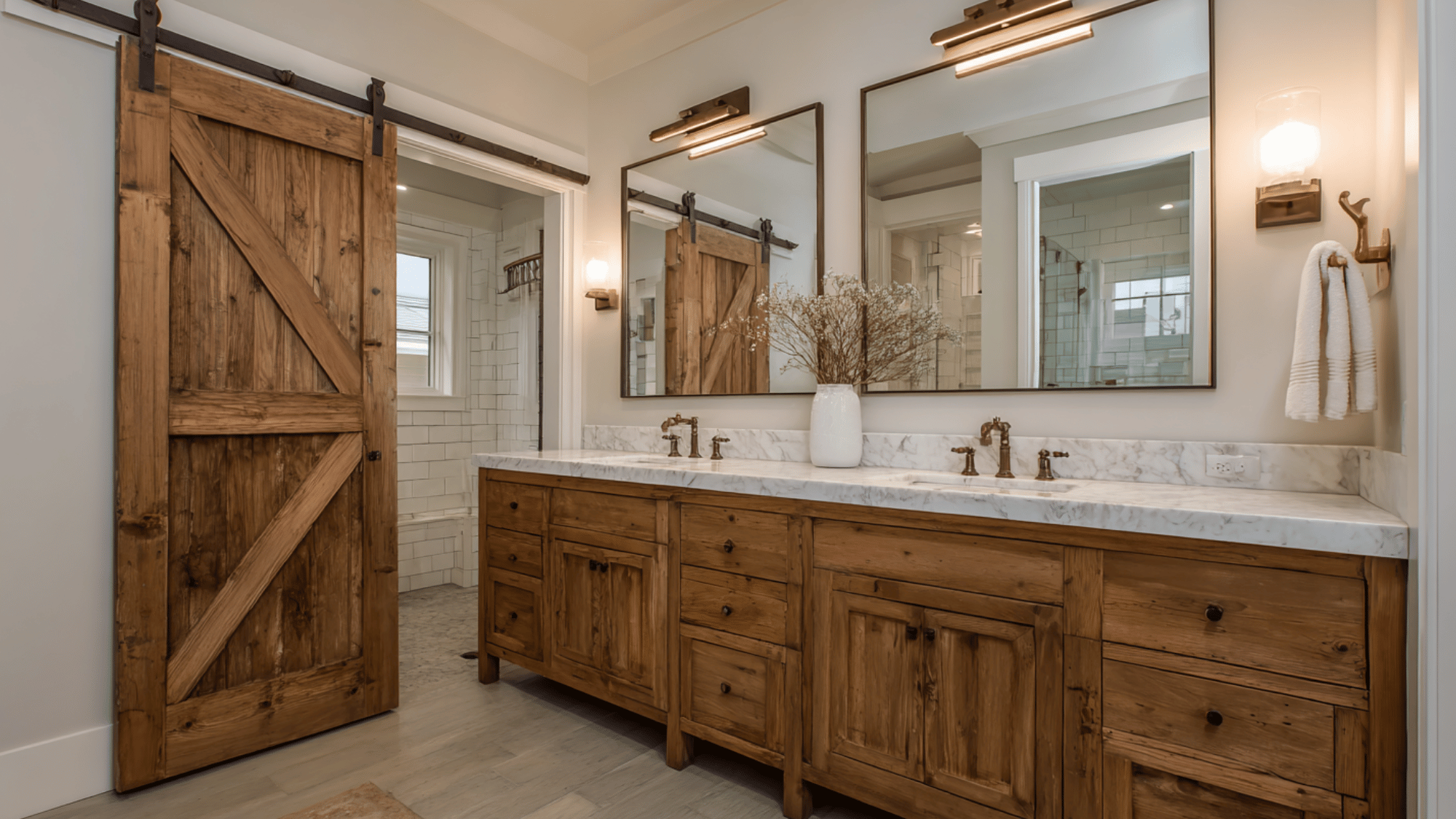 farmhouse double vanity with sliding barn doors