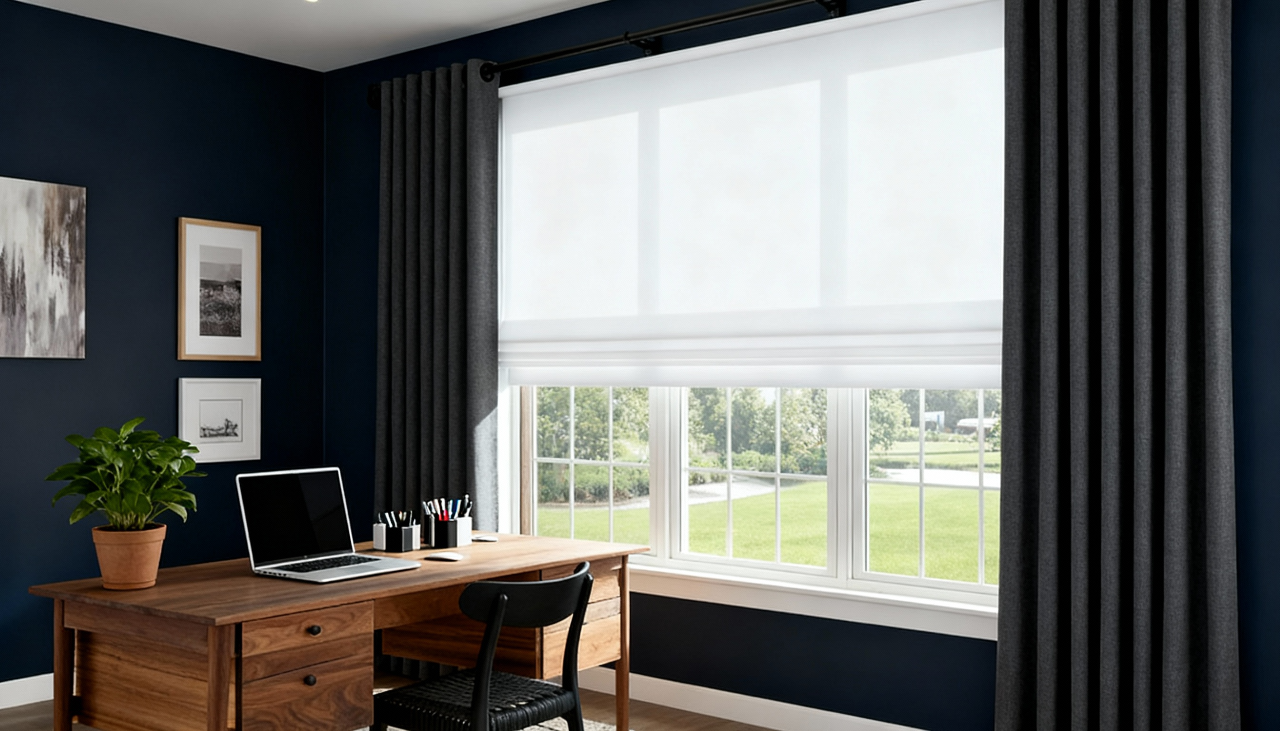 flat roman shades in home office