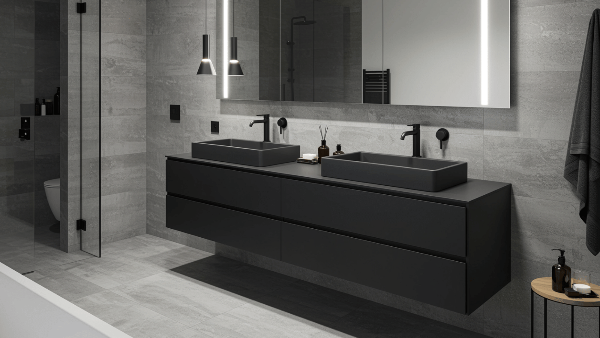 floating black vanity with undermount dual sinks