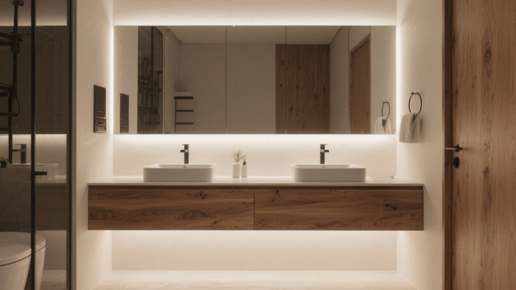 floating oak double sink vanity with soft led glow