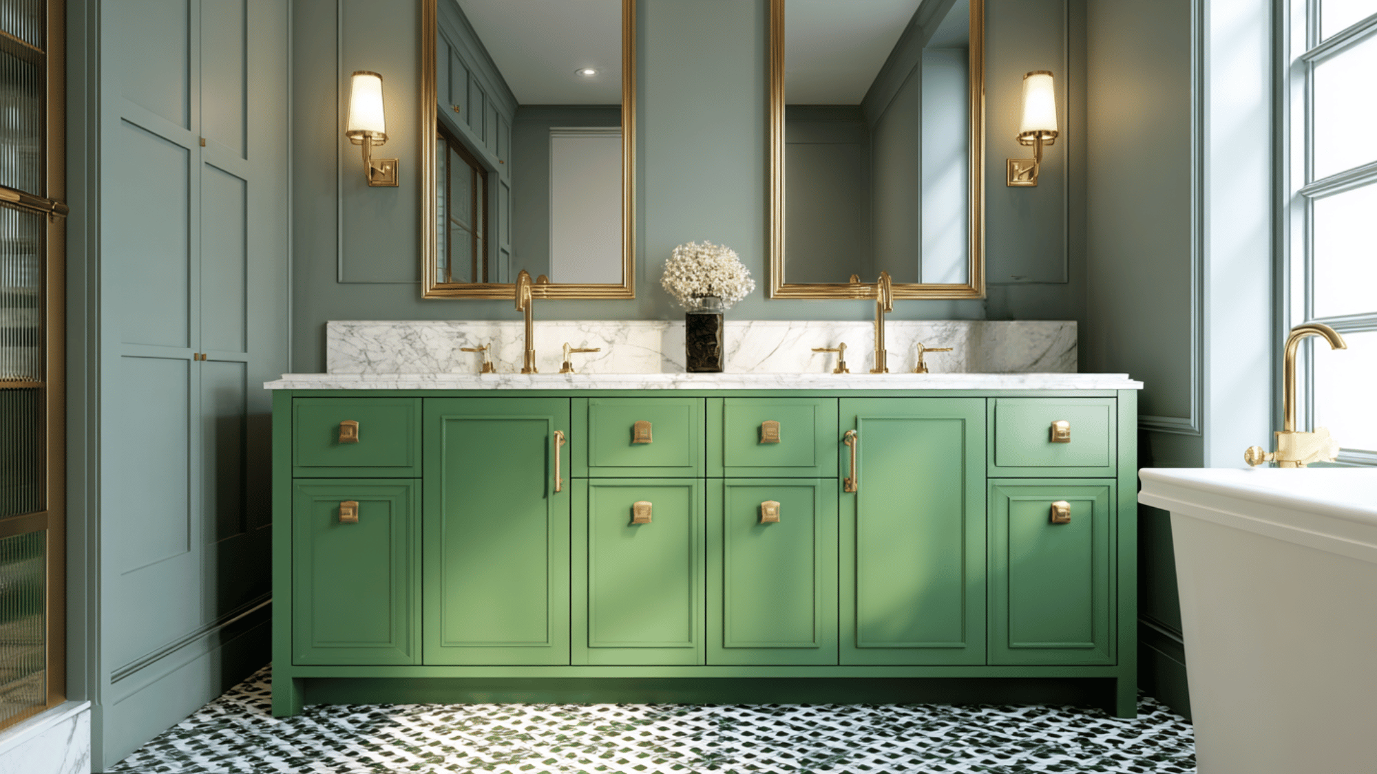 green double vanity with marble countertop