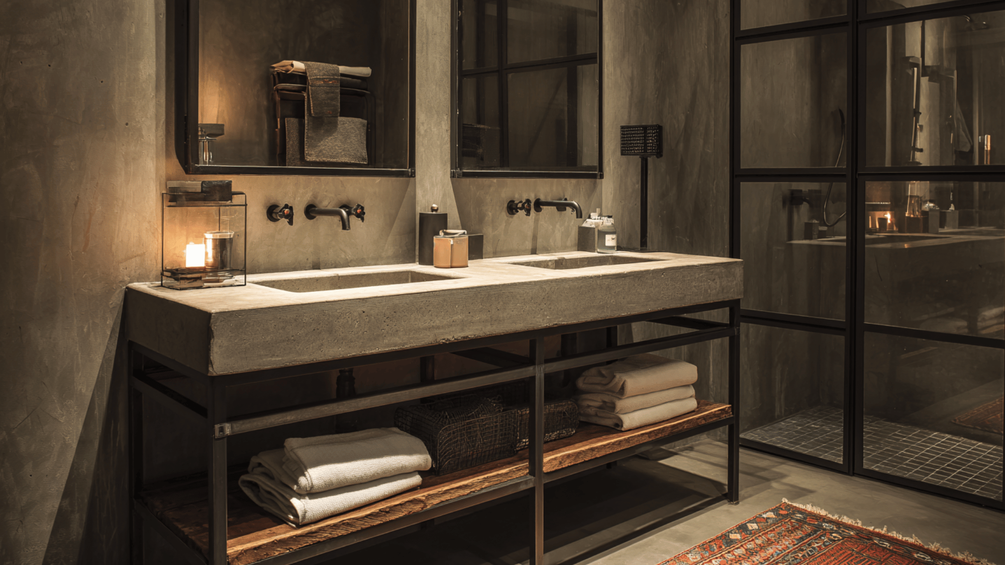 industrial metal base double vanity with concrete counter