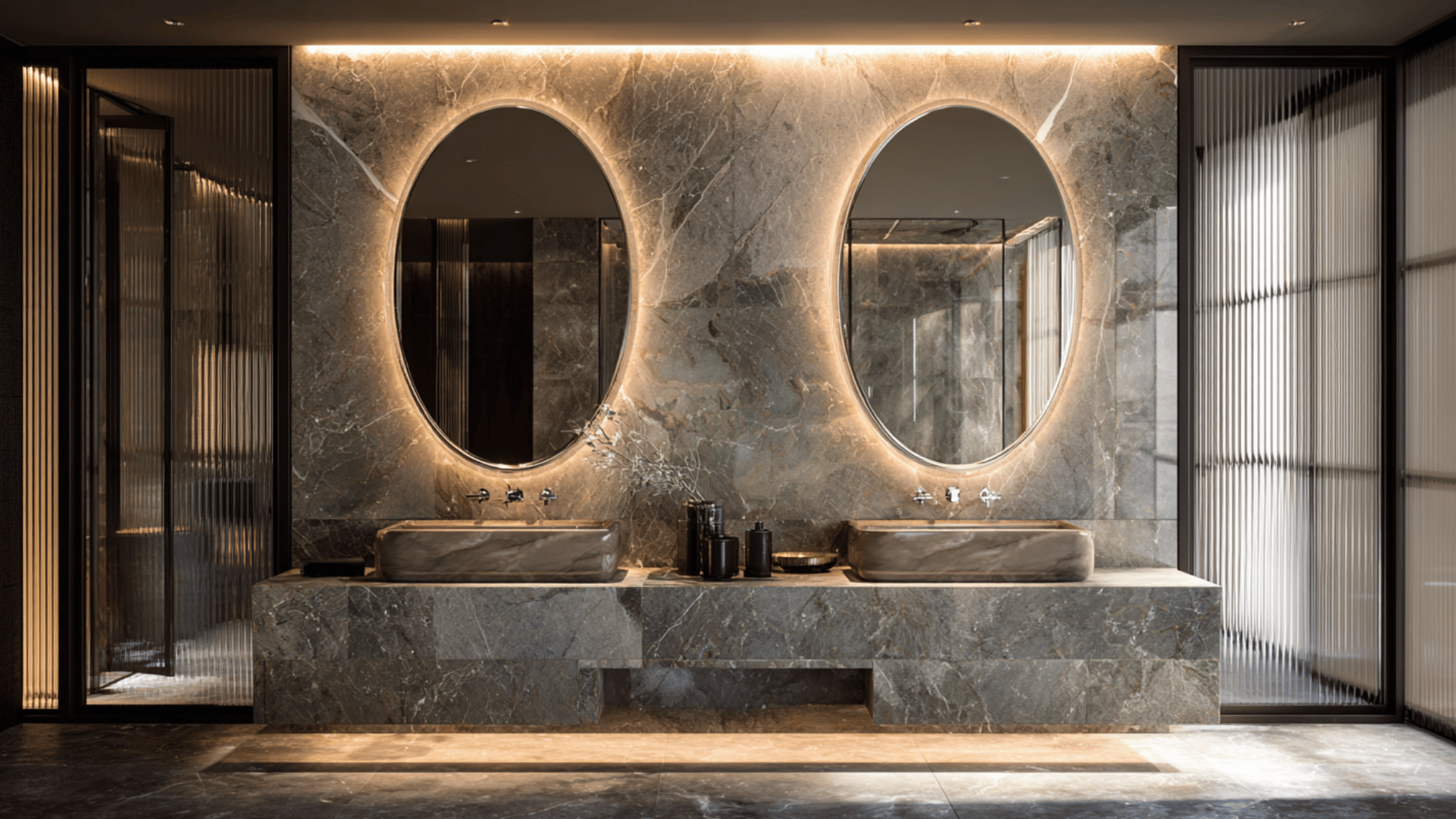 luxury double vanity with backlit mirrors and stone counter