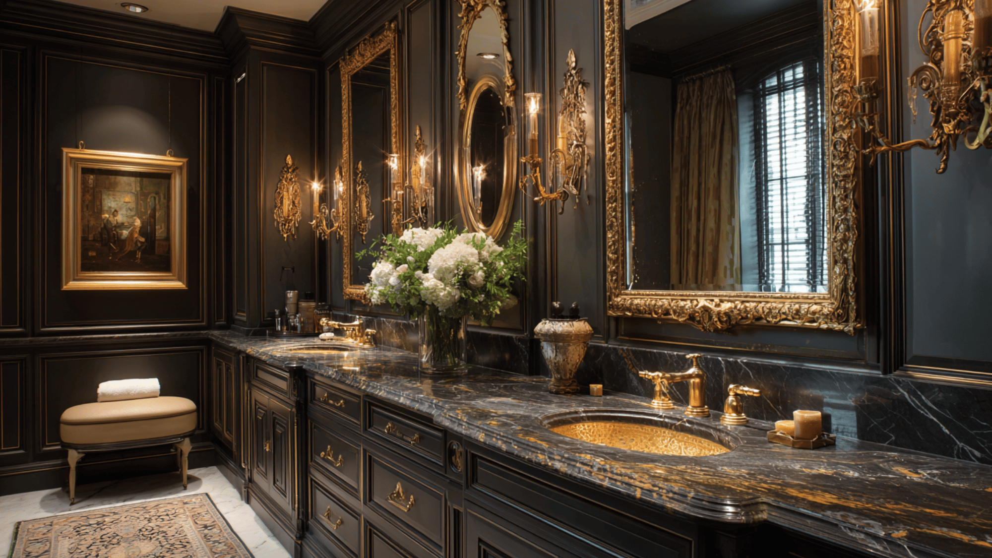 luxury double vanity with onyx counter and gold fixtures