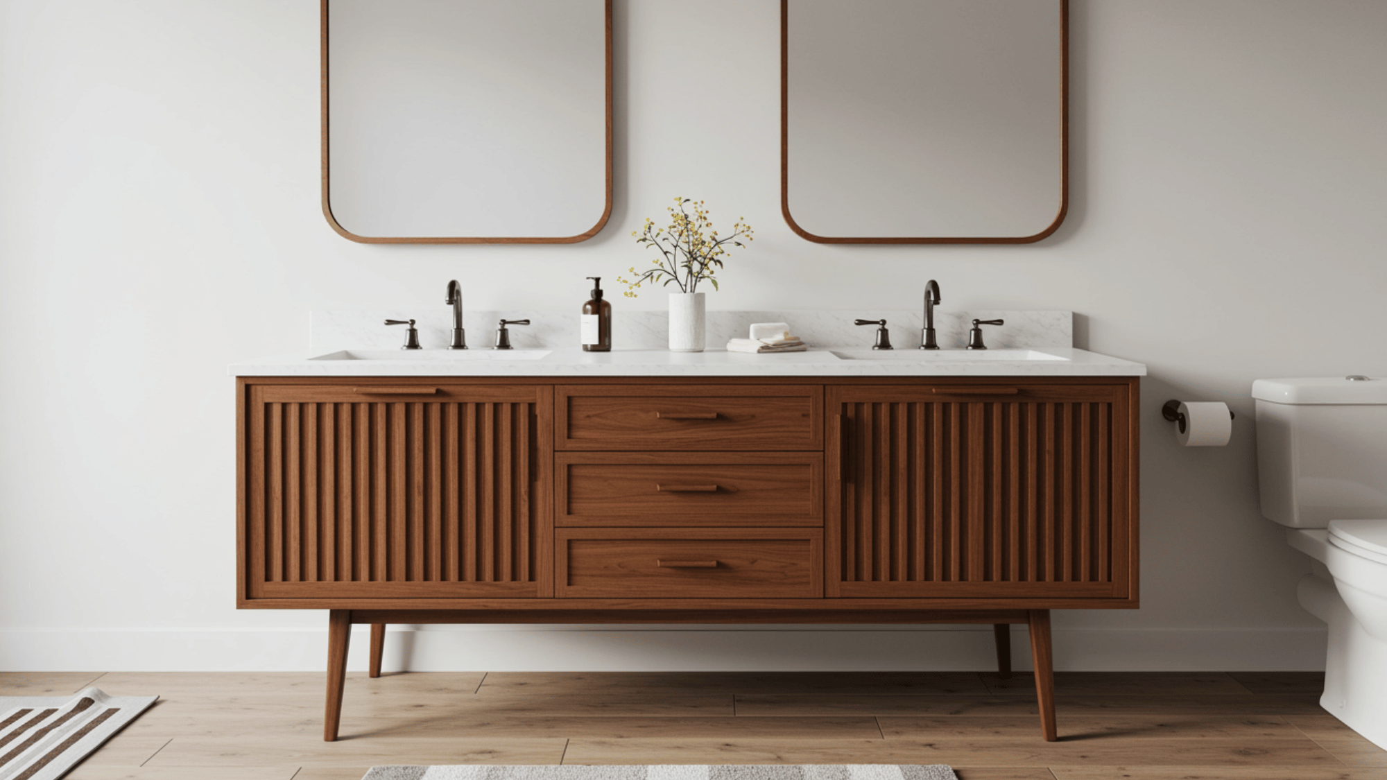 mid century walnut double vanity with slatted drawers