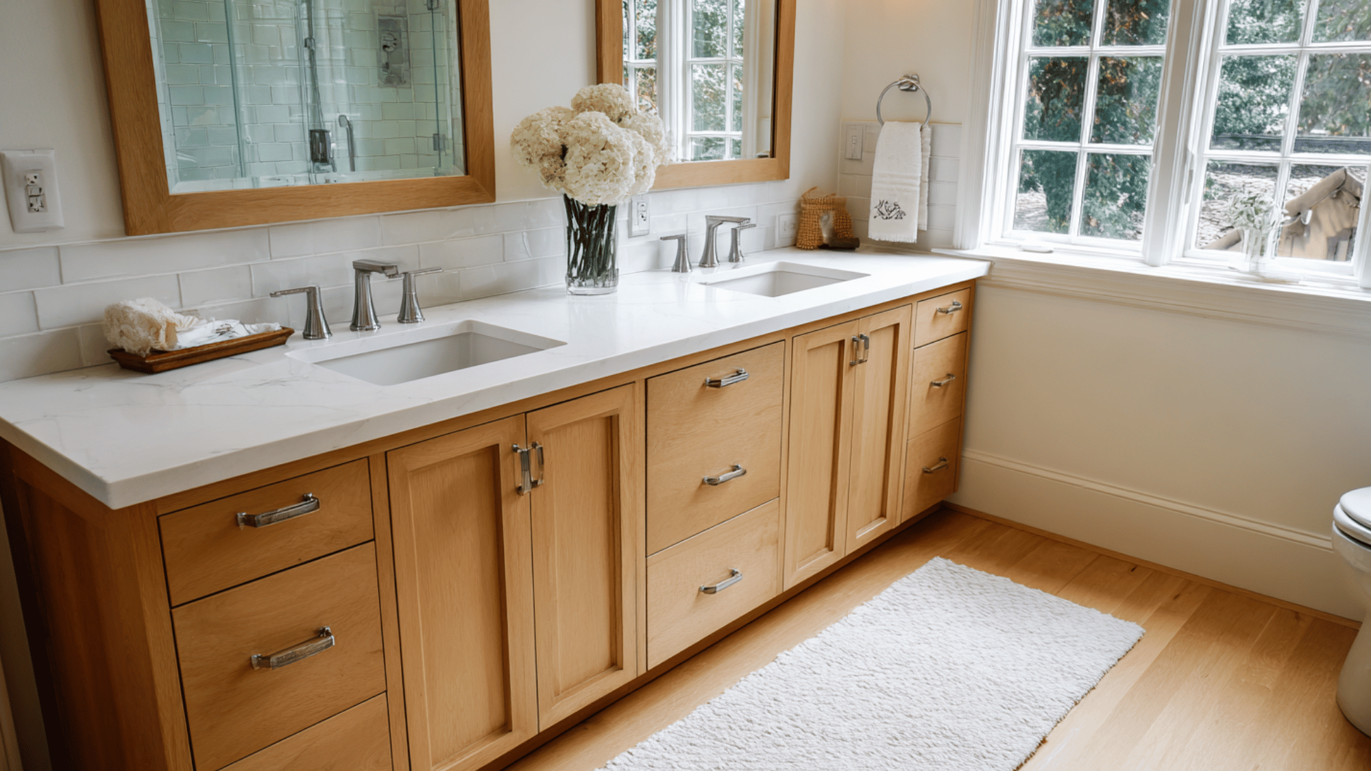 natural oak double vanity with quartz countertop