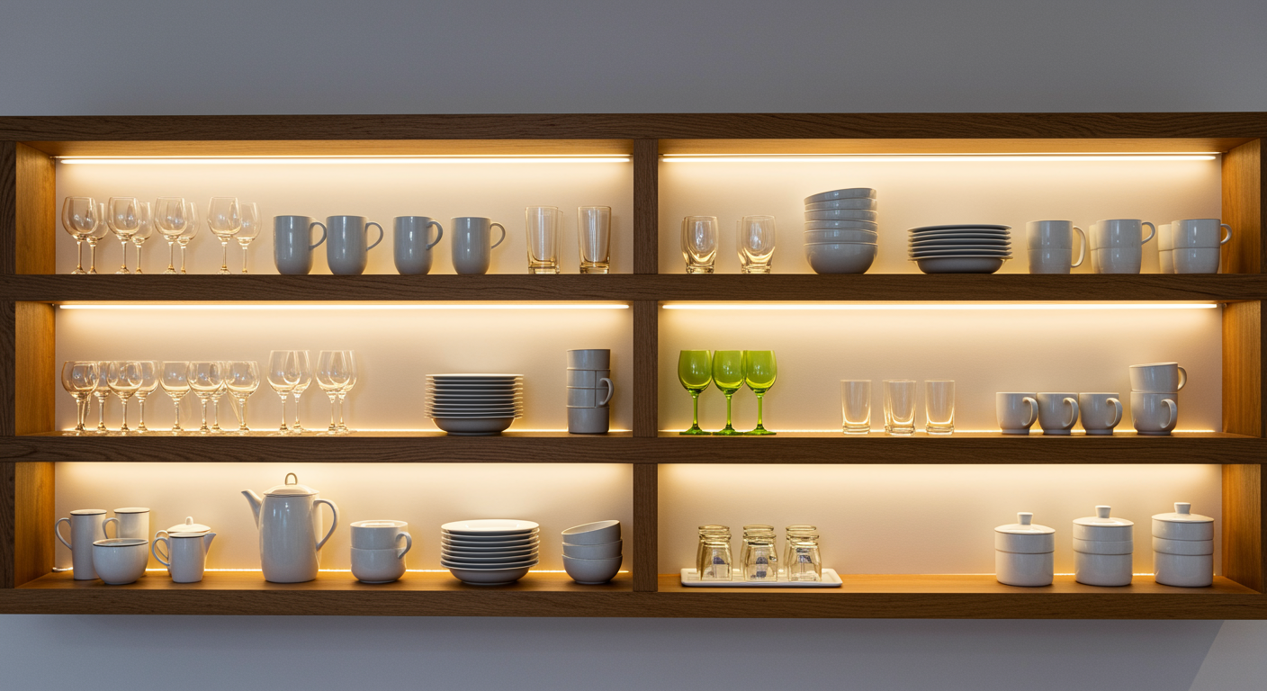 open shelving with led lighting