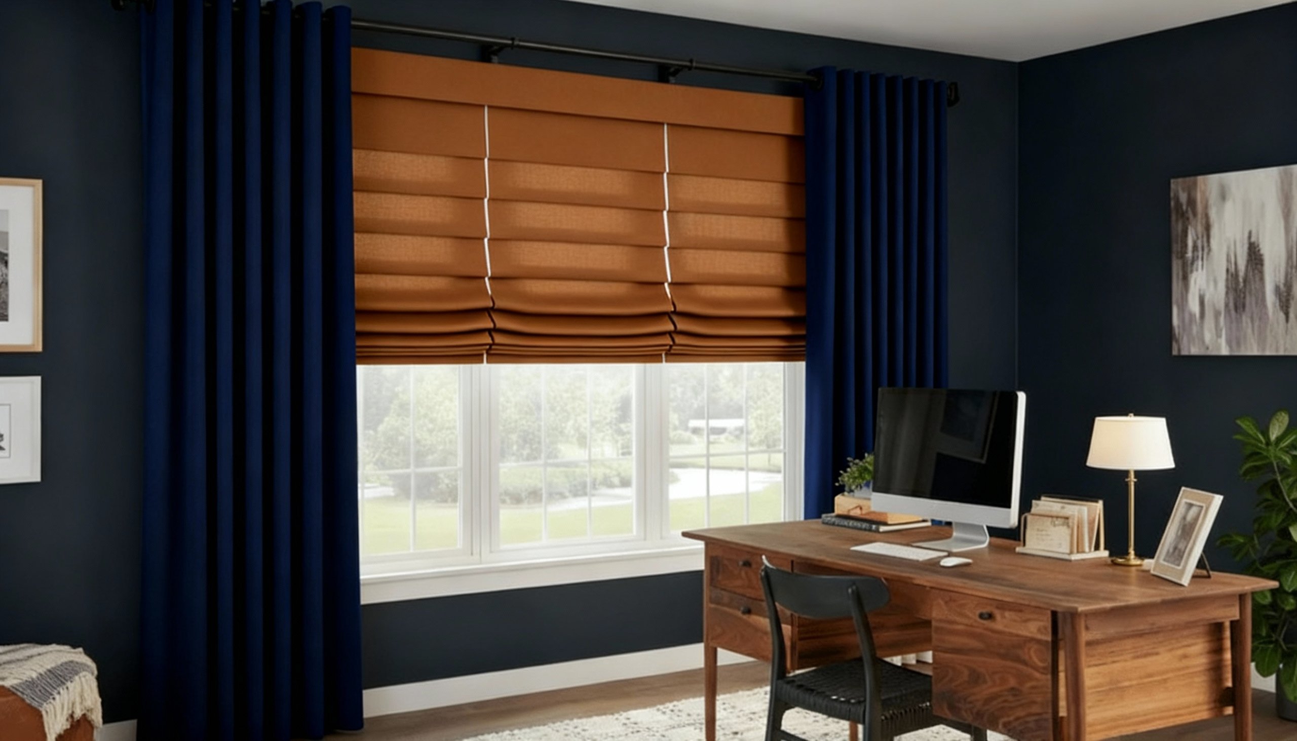 pleated roman shades in home office