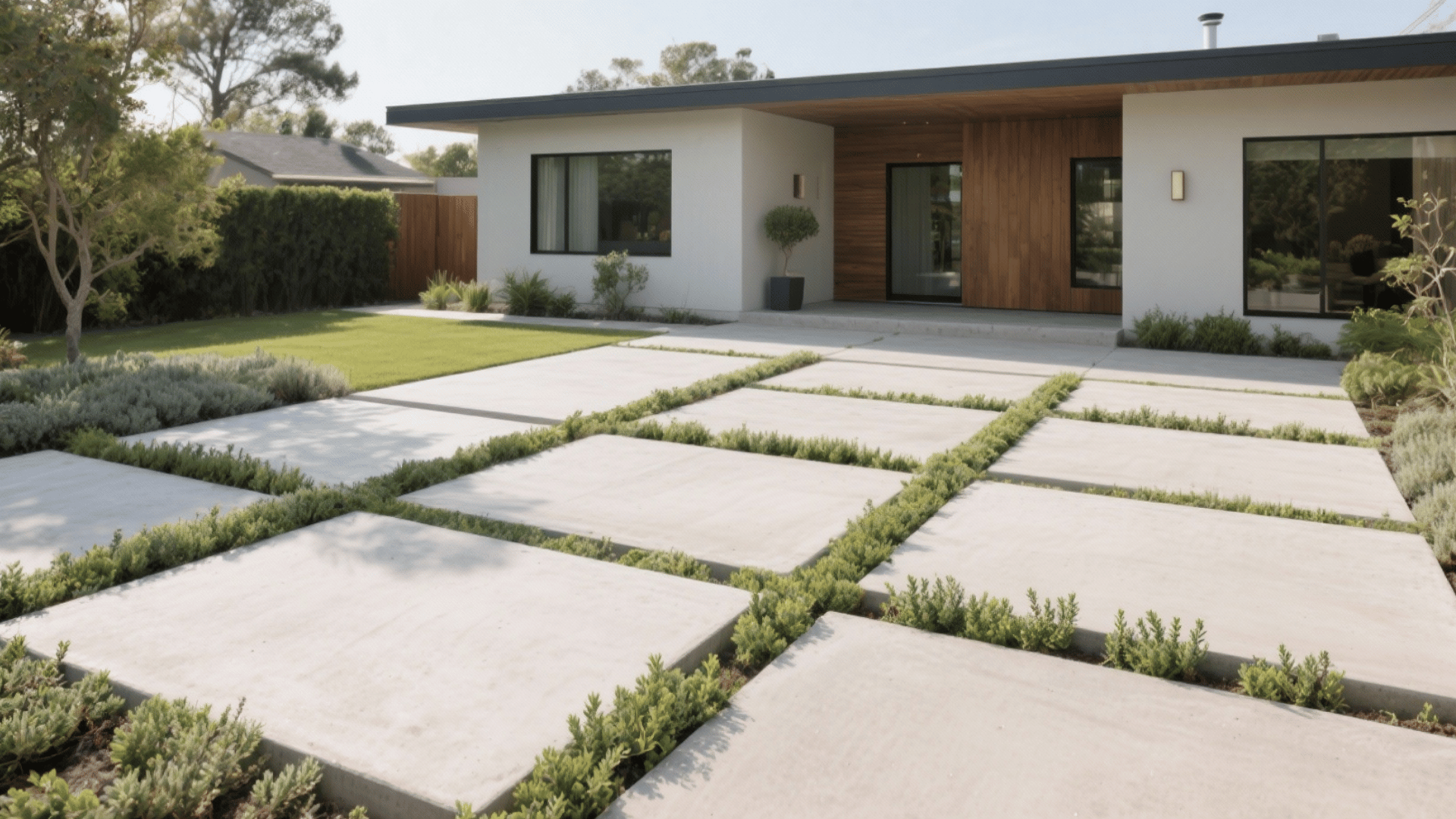 rectangular concrete slabs planted gaps