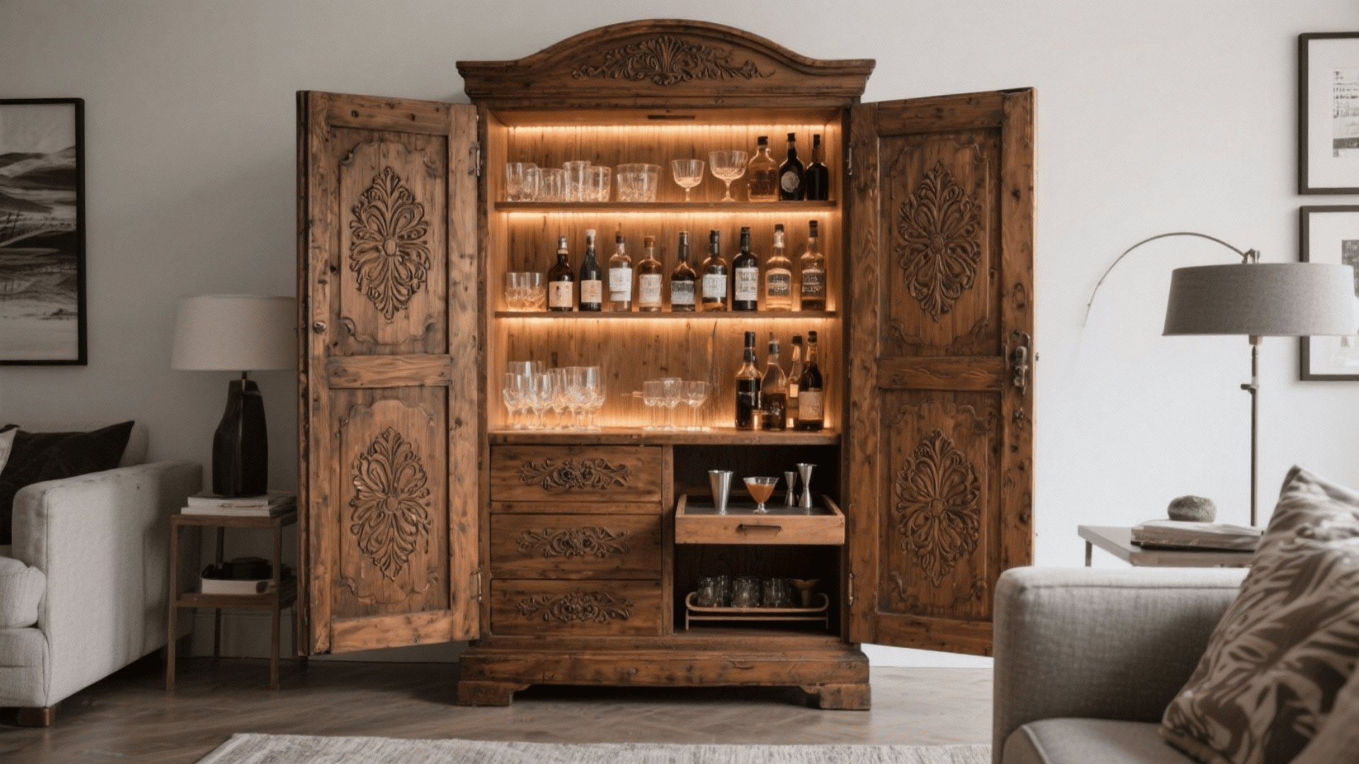 repurposed armoire cocktail cabinet