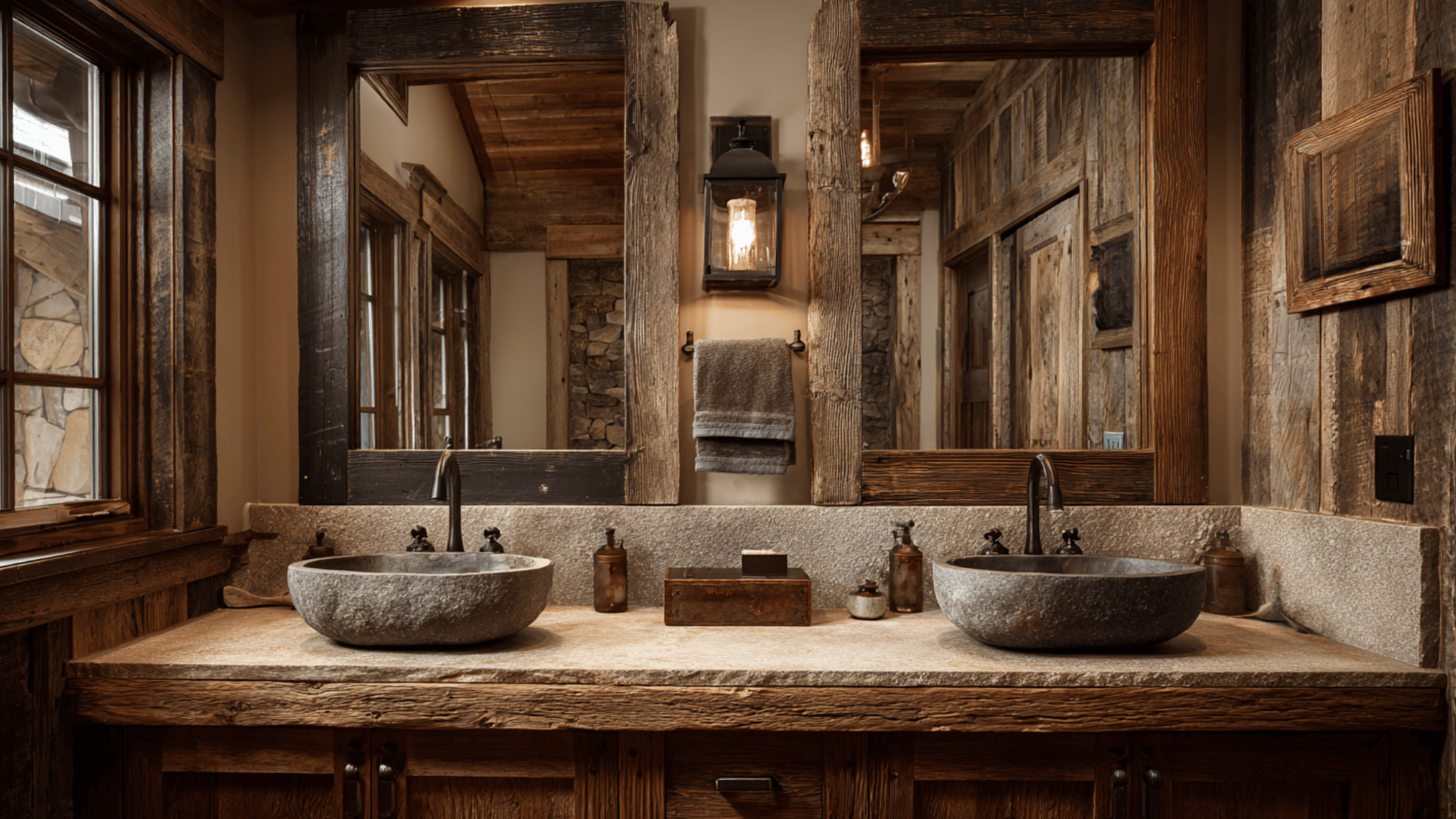 rustic reclaimed wood double vanity with stone sinks