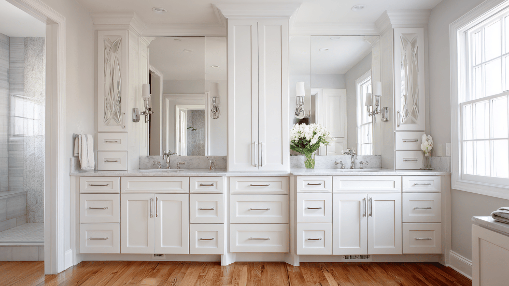 white double vanity with built in tower storage