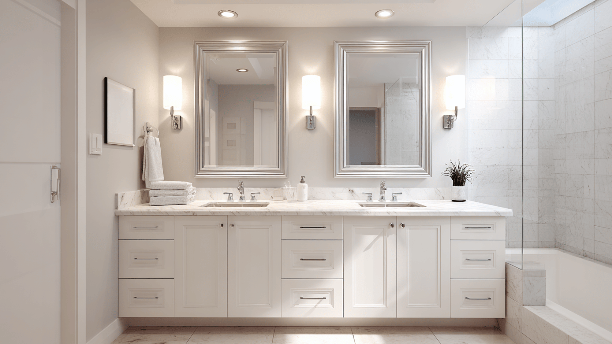 white quartz double vanity with framed mirrors