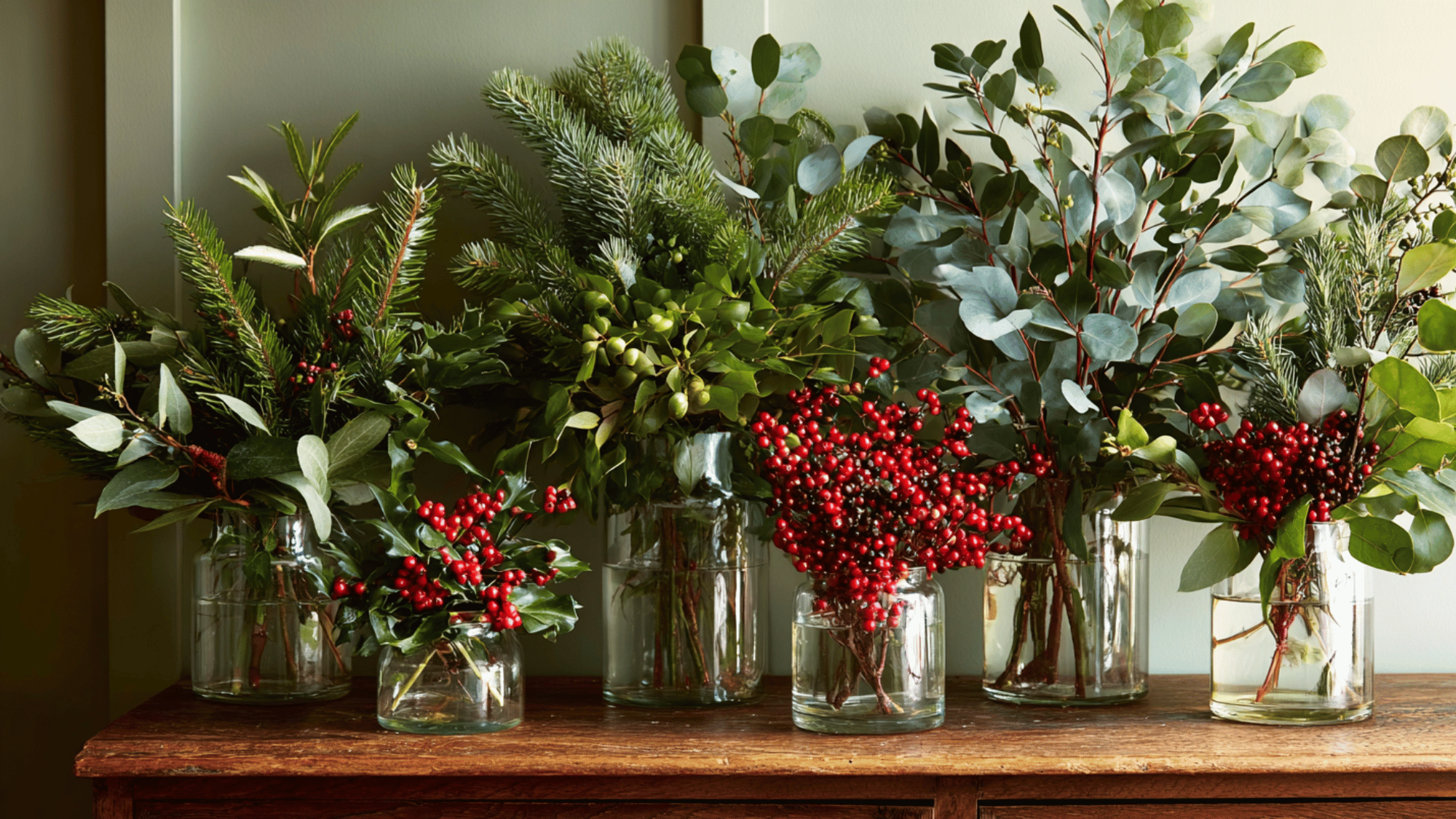 winter greenery in vases